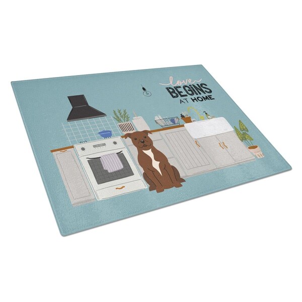 Carolines Treasures Chocolate Staffordshire Bull Terrier Kitchen Scene Glass Cutting Board - Large - CK7752LCB