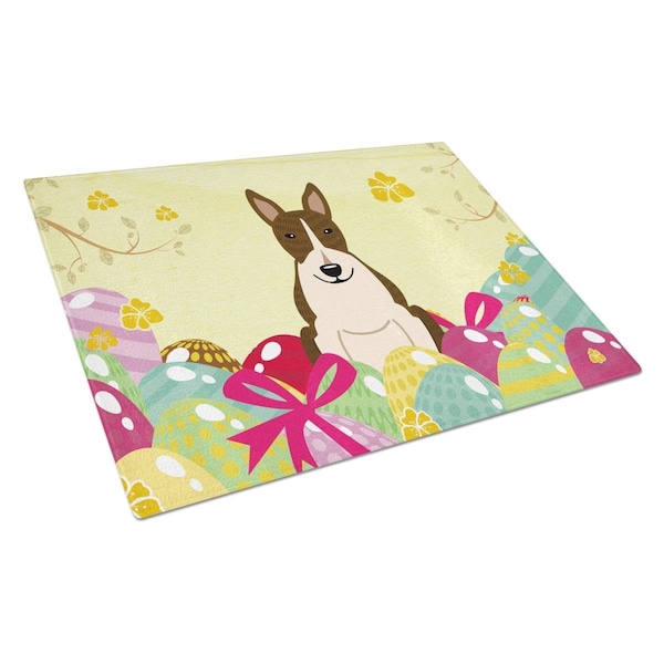 Carolines Treasures Easter Eggs Bull Terrier Dark Brindle Glass Cutting Board Large - BB6136LCB