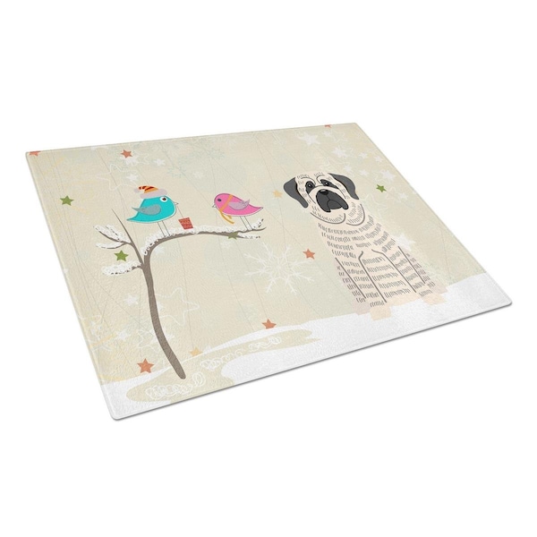Carolines Treasures Christmas Presents Between Friends Mastiff Brindle White Glass Cutting Board, Large - BB2488LCB