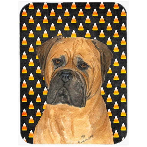 Carolines Treasures 15 x 12 in. Bullmastiff Candy Corn Halloween Portrait Glass Cutting Board - Large - SS4310LCB