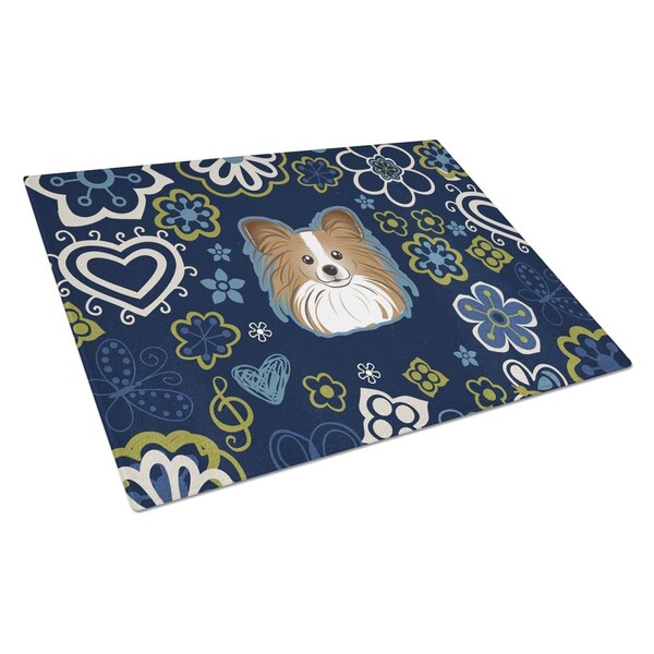 Carolines Treasures Blue Flowers Papillon Glass Cutting Board Large - BB5099LCB