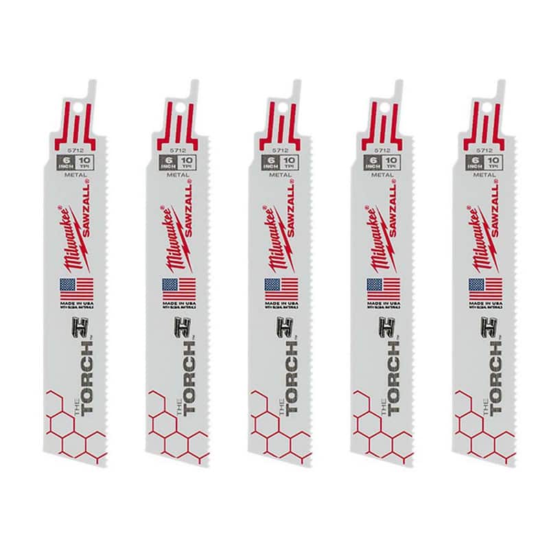Cuchillas de sierra alternativa Milwaukee 6 in. 10 TPI TORCH para corte de metal grueso (paquete de 5) - 48-00-5712S
