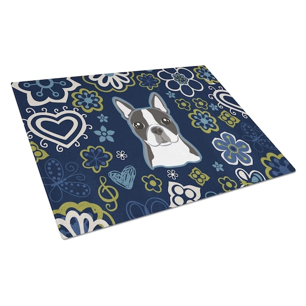 Carolines Treasures Blue Flowers Boston Terrier Glass Cutting Board Large - BB5054LCB