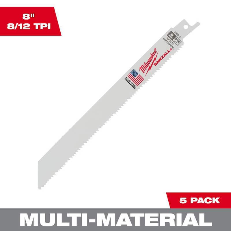 Milwaukee 8 in. 8/12 Dientes por pulgada Hojas de sierra reciprocante Sawzall para corte de materiales múltiples (paquete de 5) - 48-00-5093