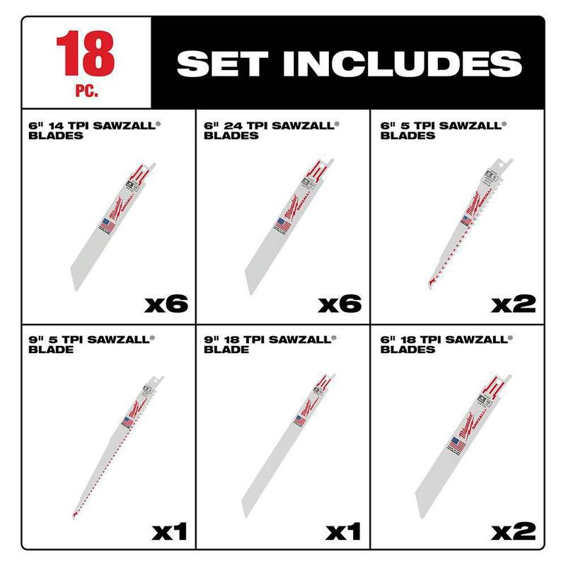 Juego de hojas de sierra de vaivén bimetálicas para cortar madera y metal Milwaukee SAWZALL + 8 hojas (18 piezas) - 49-22-1110F