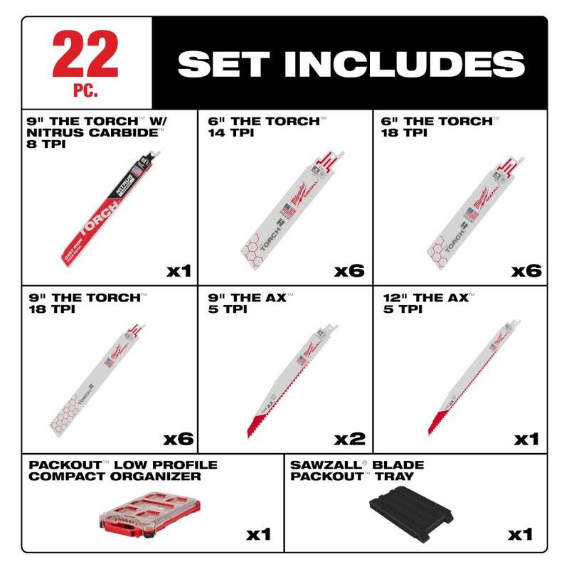 Milwaukee SAWZALL 9 in. 8 TPI Metal Cutting NITRUS Torch Reciprocating Saw Blade Set PACKOUT Kit (22-Pack) - 49-22-5640

Kit de cuchillas de sierra alternativa Milwaukee SAWZALL 9 in. 8 TPI Metal Cutting NITRUS Torch PACKOUT (juego de 22 piezas) - 49-22-5640