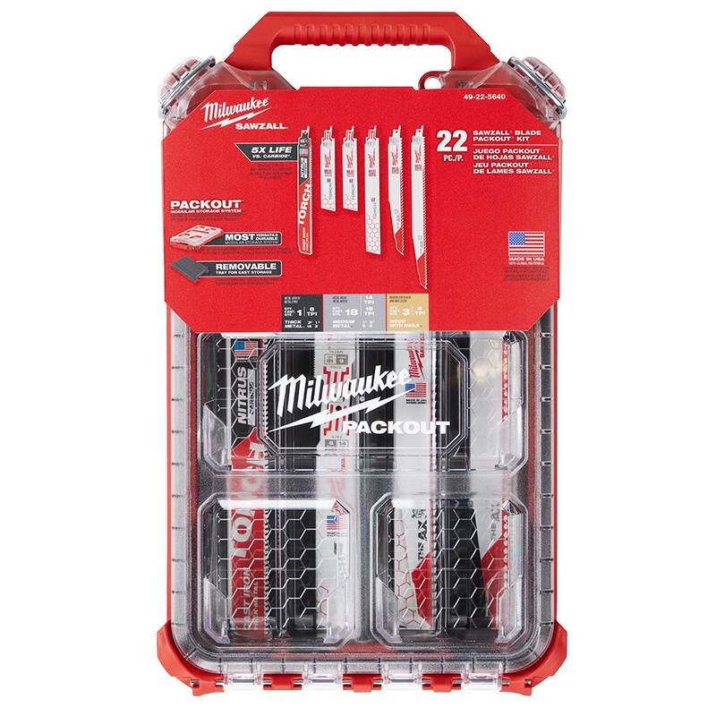 Milwaukee SAWZALL 9 in. 8 TPI Metal Cutting NITRUS Torch Reciprocating Saw Blade Set PACKOUT Kit (22-Pack) - 49-22-5640

Kit de cuchillas de sierra alternativa Milwaukee SAWZALL 9 in. 8 TPI Metal Cutting NITRUS Torch PACKOUT (juego de 22 piezas) - 49-22-5640
