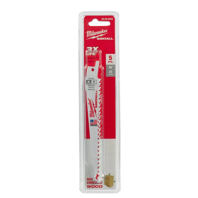 Milwaukee 6 pulgadas 5 TPI Hoja de sierra alternativa SAWZALL de corte de madera con ranura delgada BiMetal (paquete de 5) - 48-00-5035