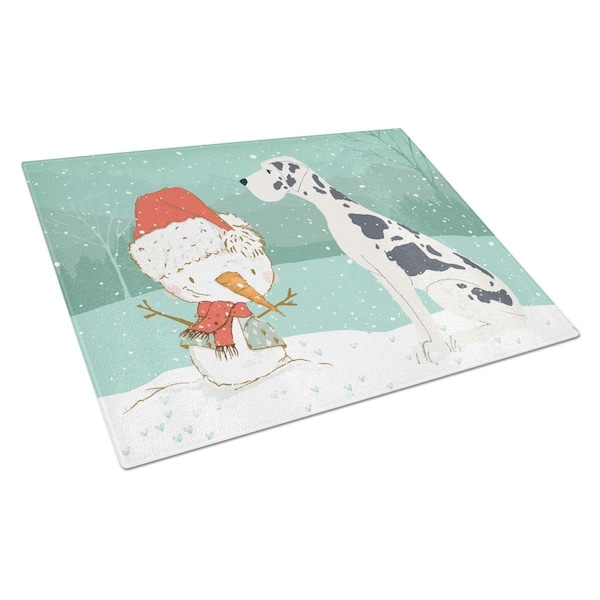 Carolines Treasures Harlequin Great Dane Snowman Christmas Glass Cutting Board Large - CK2042LCB