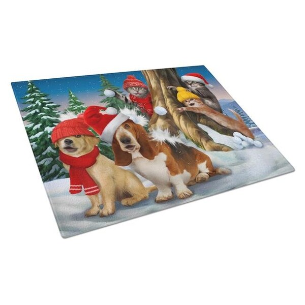 Carolines Treasures Carolines Treasures PTW2066LCB Basset; Golden & Cats Snowball Fight Glass Cutting Board - Large - PTW2066LCB
