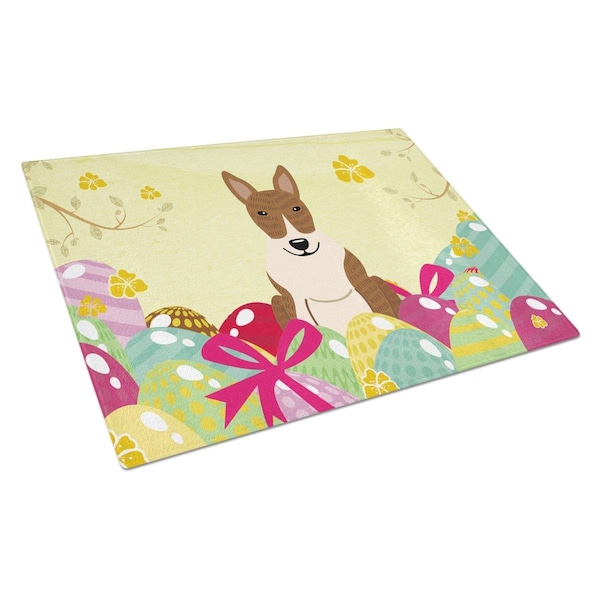 Carolines Treasures Easter Eggs Bull Terrier Brindle Glass Cutting Board Large - BB6137LCB
