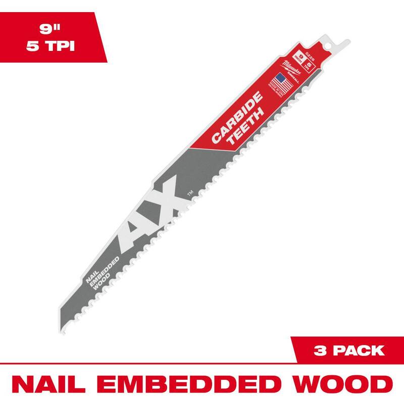 Milwaukee 9 pulgadas 5 TPI AX Dientes de Carburo Hoja de sierra de sable SAWZALL para Demolición de Madera con Clavos Incrustados (Paquete de 3) - 48-00-5326