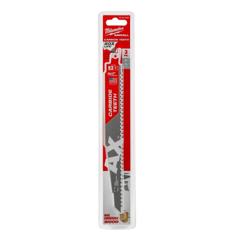 Milwaukee 9 pulgadas 5 TPI AX Dientes de Carburo Hoja de sierra de sable SAWZALL para Demolición de Madera con Clavos Incrustados (Paquete de 3) - 48-00-5326