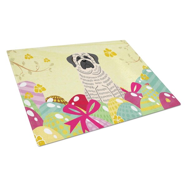 Carolines Treasures Easter Eggs Mastiff Brindle White Glass Cutting Board Large - BB6016LCB