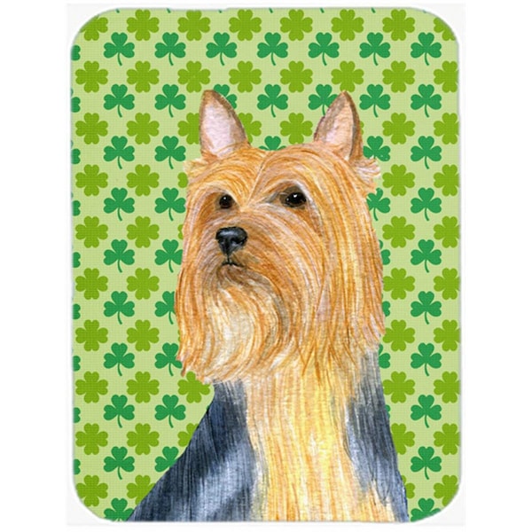 Carolines Treasures 15 x 12 in. Silky Terrier St. Patricks Day Shamrock Portrait Glass Cutting Board - Large - LH9181LCB