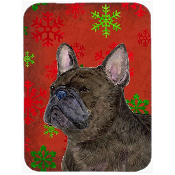 Carolines Treasures French Bulldog Red and Green Snowflakes Christmas Glass Cutting Board - Large- 15 H x 12 L in. - SS4726LCB
