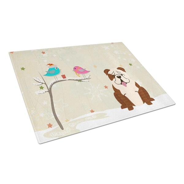 Carolines Treasures Christmas Presents Between Friends English Bulldog Brindle White Glass Cutting Board, Large - BB2593LCB