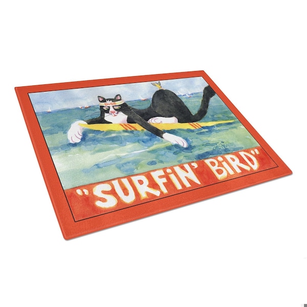 Carolines Treasures 15 x 12 in. Black and white Cat Surfin Bird Glass Cutting Board- Large - 6051LCB