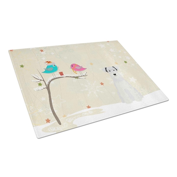 Carolines Treasures Christmas Presents Between Friends Miniature Schanuzer White Glass Cutting Board, Large - BB2525LCB