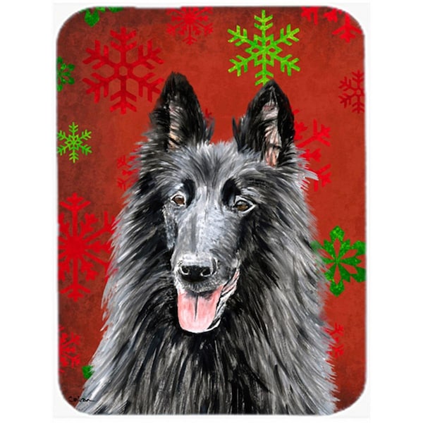 Carolines Treasures 15 x 12 in. Belgian Sheepdog Red Green Snowflakes Christmas Glass Cutting Board - Large - SC9438LCB