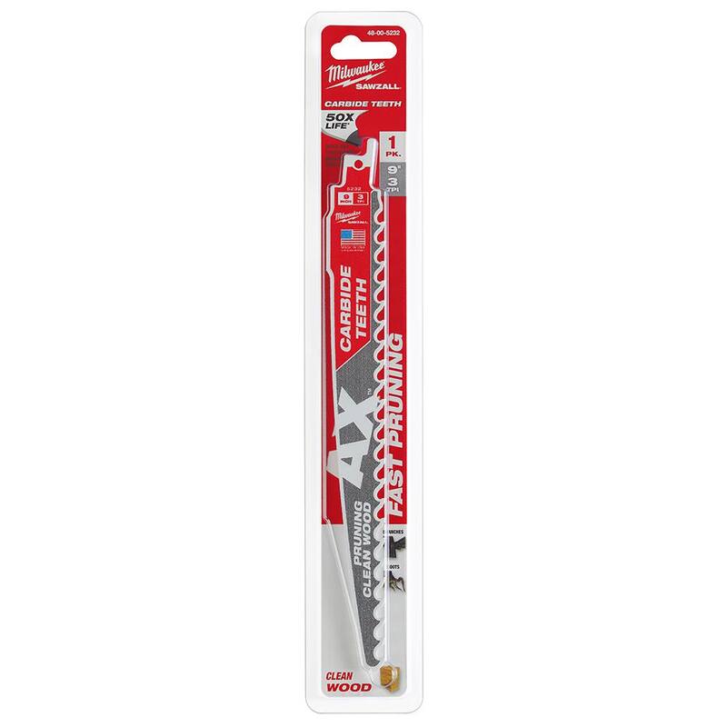 Hoja de sierra de sable recíproco Milwaukee de 9 pulgadas con dientes de carburo para poda de madera de 3 TPI (1 paquete) - 48-00-5232