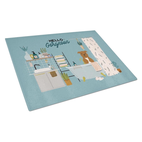 Carolines Treasures Brown Staffordshire Bull Terrier in Bathtub Glass Cutting Board - Large - CK7469LCB