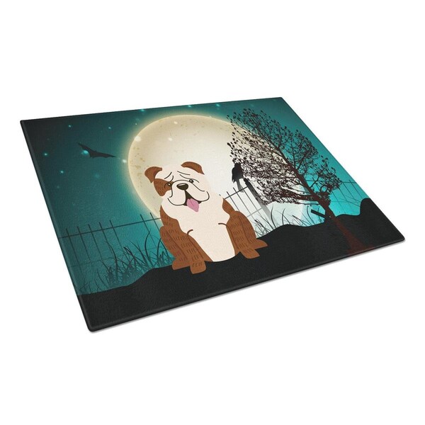 Carolines Treasures Halloween Scary English Bulldog Brindle White Glass Cutting Board, Large - BB2311LCB