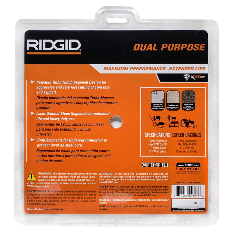 RIDGID 12 pulgadas. Hoja de sierra de diamante de corte de doble uso para mampostería con borde segmentado caminable - 25-CCNTS12