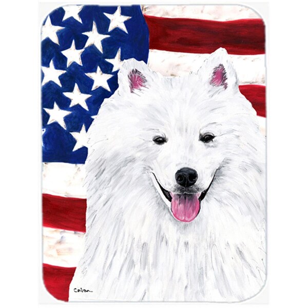 Carolines Treasures 15 x 12 in. USA American Flag with American Eskimo Glass Cutting Board - Large - SC9023LCB