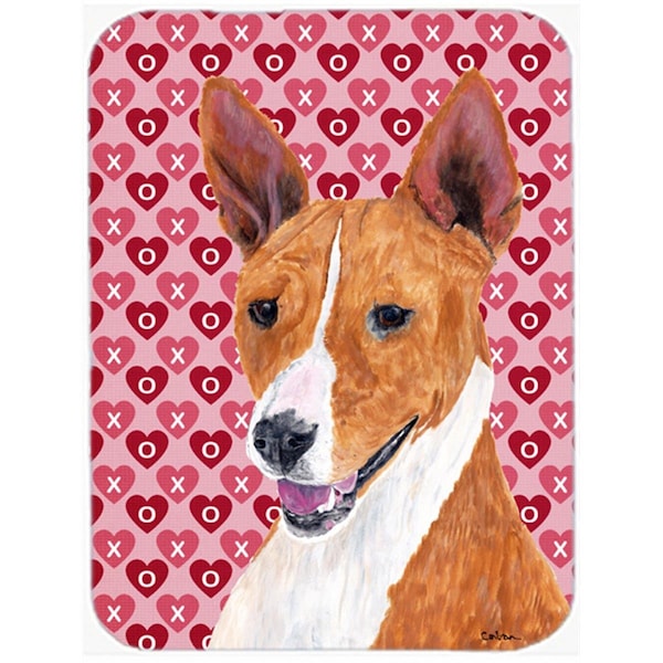 Carolines Treasures 12 x 15 in. Basenji Hearts Love and Valentines Day Portrait Glass Cutting Board- Large - SC9252LCB
