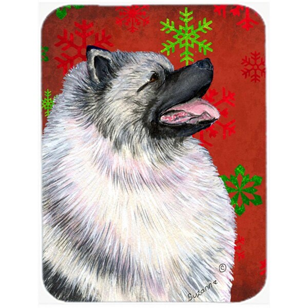 Carolines Treasures Keeshond Red and Green Snowflakes Holiday Christmas- Glass Cutting Board - Large - SS4695LCB