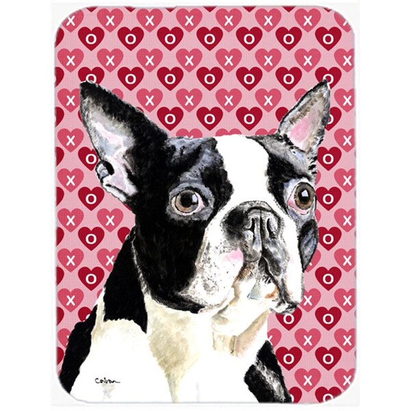 Carolines Treasures 12 x 15 in. Boston Terrier Hearts Love and Valentines Day Glass Cutting Board- Large - SC9279LCB