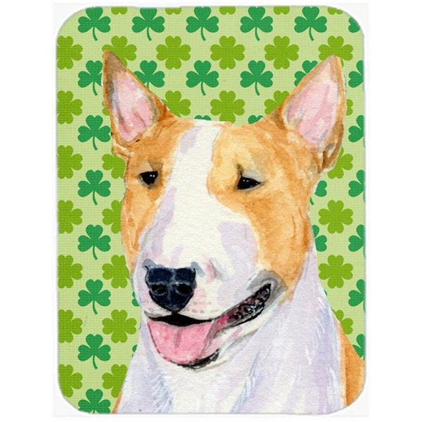 Carolines Treasures 12 x 15 in. Bull Terrier St. Patricks Day Shamrock Portrait Glass Cutting Board- Large - SS4427LCB