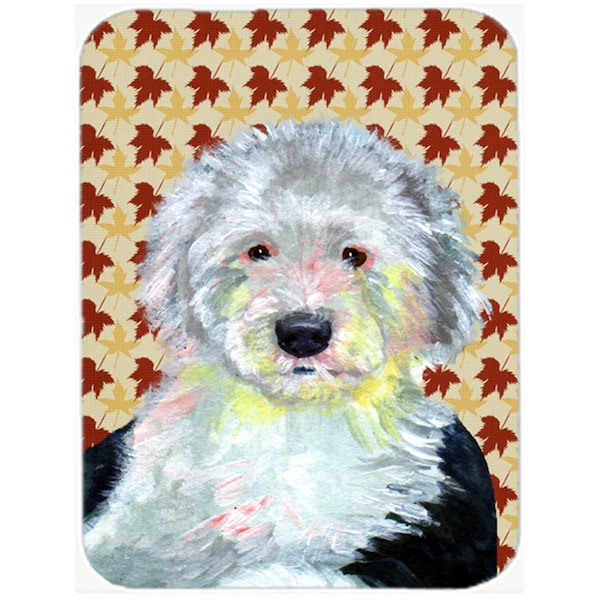 Carolines Treasures 15 x 12 in. Old English Sheepdog Fall Leaves Portrait Glass Cutting Board - Large - LH9126LCB
