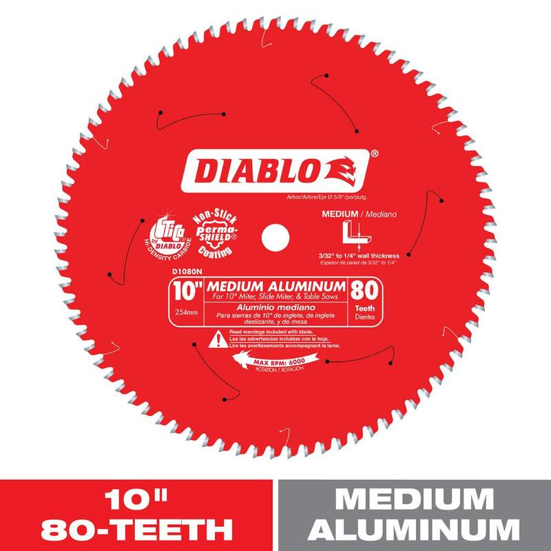 DIABLO Disco para sierra de aluminio de 10 pulgadas con 80 dientes para metales no ferrosos medianos y plásticos - D1080N