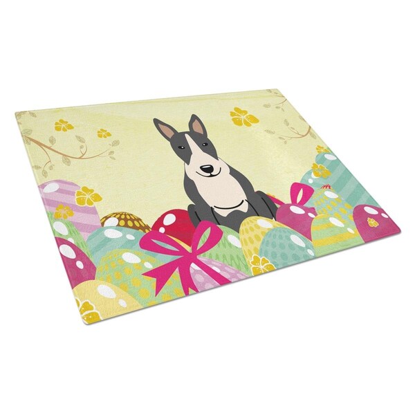 Carolines Treasures Easter Eggs Bull Terrier Black & White Glass Cutting Board Large - BB6133LCB