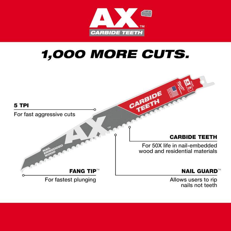 Milwaukee 9 in. 5 TPI AX Nail-Embedded Wood Cutting SAWZALL Reciprocating Saw Blades con hoja de carburo Ax (paquete de 11) - 48-00-1026T