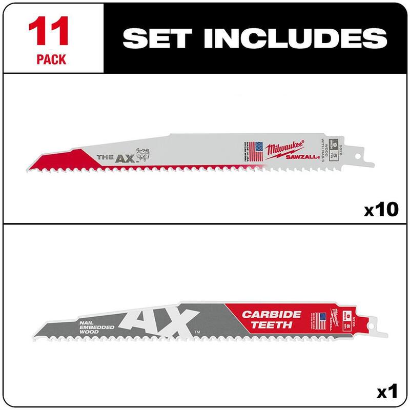 Milwaukee 9 in. 5 TPI AX Nail-Embedded Wood Cutting SAWZALL Reciprocating Saw Blades con hoja de carburo Ax (paquete de 11) - 48-00-1026T