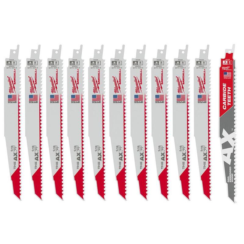 Milwaukee 9 in. 5 TPI AX Nail-Embedded Wood Cutting SAWZALL Reciprocating Saw Blades con hoja de carburo Ax (paquete de 11) - 48-00-1026T