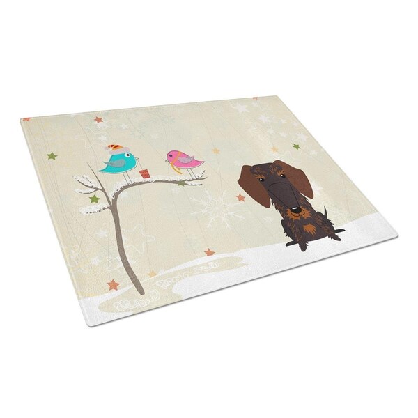Carolines Treasures Christmas Presents Between Friends Wire Haired Dachshund Chocolate Glass Cutting Board, Large - BB2601LCB