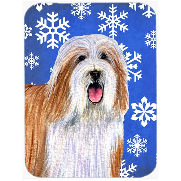 Carolines Treasures 15 x 12 in. Bearded Collie Winter Snowflakes Holiday Glass Cutting Board - Large - LH9285LCB