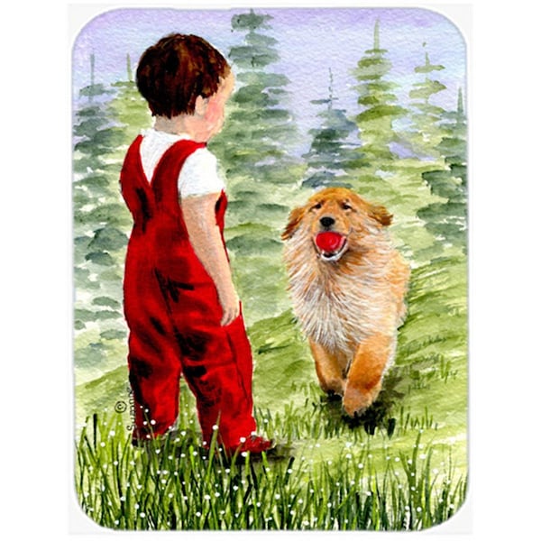 Carolines Treasures Little Boy with his Golden Retriever Glass Cutting Board - Large- 15 H x 12 L in. - SS8545LCB