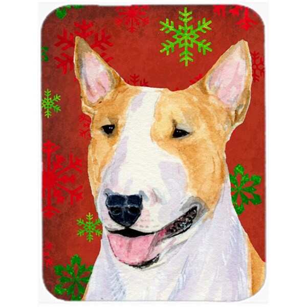 Carolines Treasures Bull Terrier Red and Green Snowflakes Christmas- Glass Cutting Board - Large - SS4703LCB