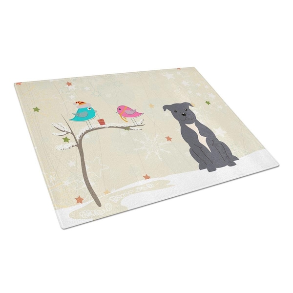 Carolines Treasures Christmas Presents Between Friends Staffordshire Bull Terrier Blue Glass Cutting Board, Large - BB2518LCB