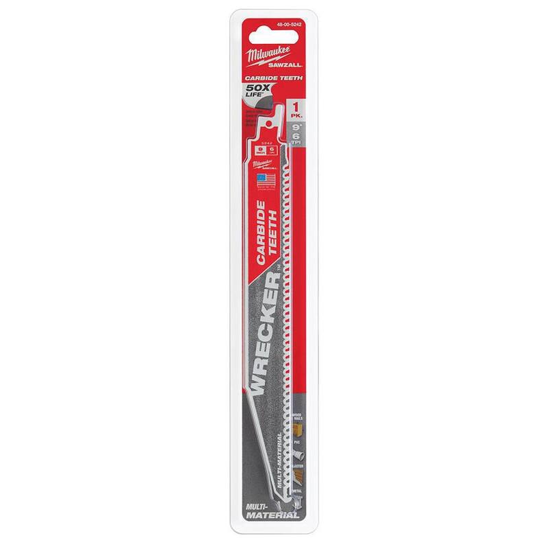 Milwaukee 9 pulgadas 6 TPI WRECKER Dientes de carburo de hoja de sierra SAWZALL para corte de varios materiales (paquete de 1) - 48-00-5242