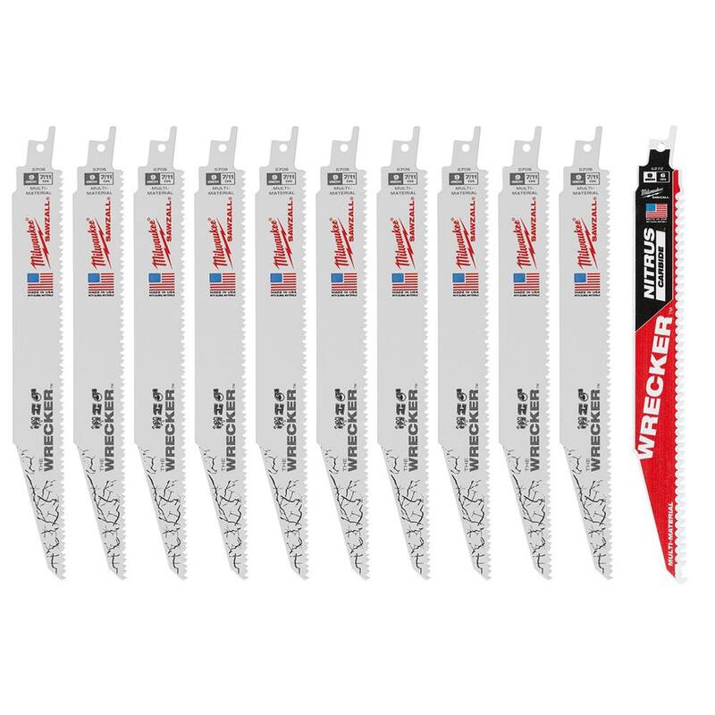 Juego de hojas de sierra alternante Milwaukee WRECKER Demo Multi-Material de 9 pulgadas, 7/11 TPI con punta de carburo nitros para cortes múltiples (paquete de 11) - 48-00-1706T