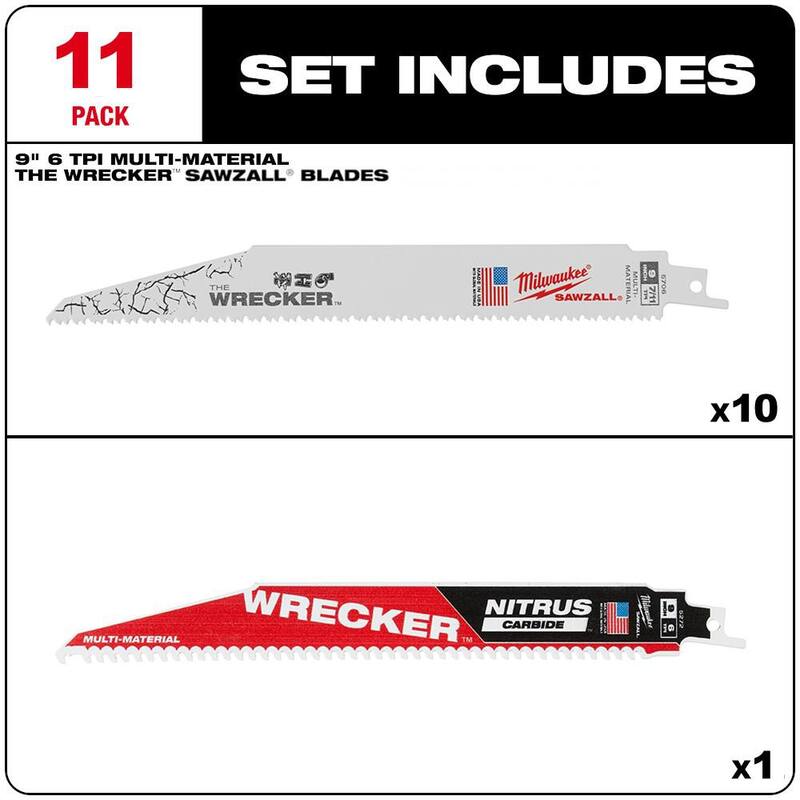 Juego de hojas de sierra alternante Milwaukee WRECKER Demo Multi-Material de 9 pulgadas, 7/11 TPI con punta de carburo nitros para cortes múltiples (paquete de 11) - 48-00-1706T