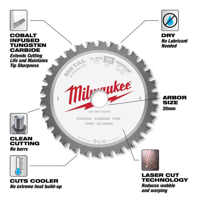 Milwaukee Hoja de sierra circular para cortar metal y acero inoxidable de 5-3/8 pulgadas x 30 dientes (paquete de 2) - 48-40-4070-48-40-4070