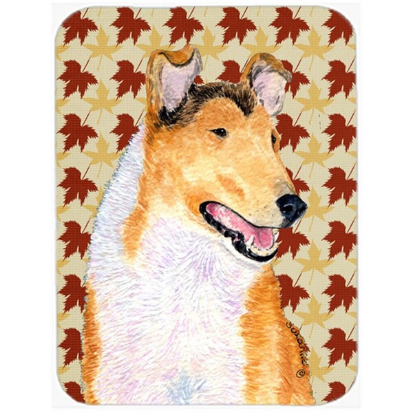 Carolines Treasures 12 x 15 in. Collie Smooth Fall Leaves Portrait Glass Cutting Board- Large - SS4386LCB