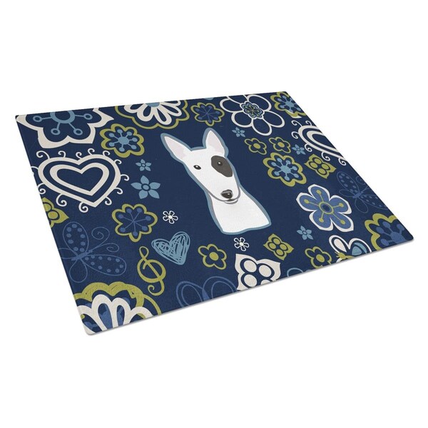 Carolines Treasures Blue Flowers Bull Terrier Glass Cutting Board Large - BB5060LCB
